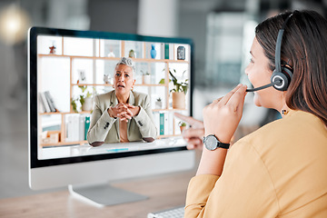 Image showing Customer service, computer video chat and woman in call center pointing at shocked client. Telemarketing, virtual conference and female sales agent, consultant or worker in online meeting in office.