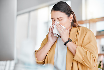 Image showing Woman, office and tissue for nose by computer in public relations management with allergy, dust and sneeze. Corporate manager, covid 19 and toilet paper for virus, bacteria and desktop for PR career