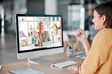 Image showing Video call, computer and business women wave in office, talking and chatting in virtual chat. Technology, communication and employees or people waving in online meeting, webinar or digital discussion