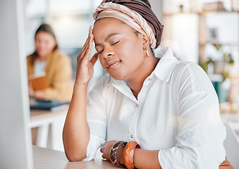 Image showing Stress headache, burnout and black woman exhausted and overwhelmed with workload in office. Frustrated, overworked and tired employee with hand on head and anxiety from deadline time pressure crisis.