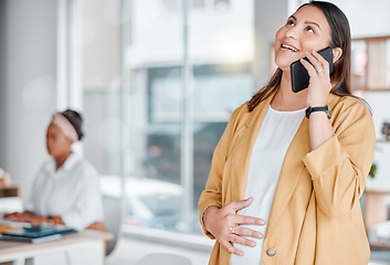 Image showing Phone call, pregnant and business woman in office for schedule planning, talking and online network. Pregnancy, communication and female speaking, in conversation and client connection on smartphone