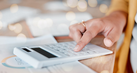 Image showing Hands, calculator and finance for company budget, expenses or statistics on office desk at workplace. Hand of financial advisor on table calculating corporate profit, investment or salary on mockup