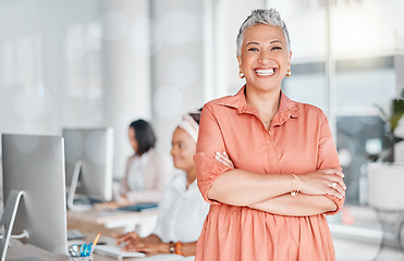 Image showing Leadership, arms crossed and smile of business woman in office ready for goals. Ceo, portrait and senior female entrepreneur from India with vision, mission and success mindset in company workplace.