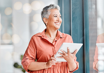 Image showing Tablet, thinking and senior business woman in office contemplating, research or internet browsing. Technology, ideas or happy elderly female with touchscreen by window for networking or web scrolling