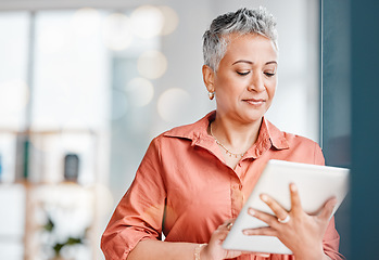 Image showing Digital tablet, senior woman and working business employee reading app data in a agency. Mature worker, online planning and female with focus and mockup on a internet connection networking on the web