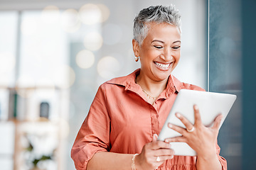Image showing Tablet ux work, senior woman laugh and working business employee reading funny app data. Mature worker, online planning and female with meme and mockup on a internet connection networking on the web