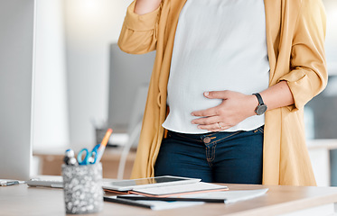 Image showing Pregnancy, hand and stomach in office workplace with tablet, phone call and self care for future mom. Pregnant woman, desk or communication in public relations career with hands, abdomen and computer