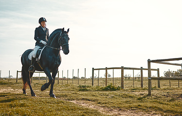 Image showing Woman, equestrian, horse ride and mockup in nature in countryside and grass field. Animal training, young jockey and farm of a rider and athlete with mock up outdoor doing saddle sports with horses