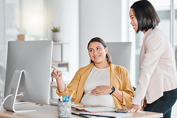 Image showing Pregnancy, business people and office talk by computer with tablet, pointing and strategy with future mom. Pregnant woman, desk and happy chat in public relations career with friends, abdomen and pc