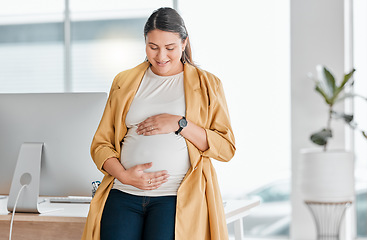 Image showing Pregnant, stomach and business woman in office workplace feeling love, happy and hope for baby. Pregnancy, maternity and female employee touching belly caring, affection and excited for childbirth.