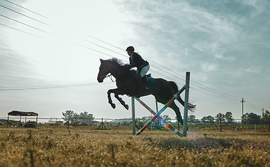 Image showing Woman on horse, jumping and equestrian sports practice for competition with blue cloudy sky on ranch. Training jump, jockey or rider on animal for racing on obstacle course, dressage or hurdle race.