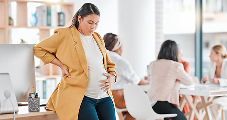 Image showing Pregnant woman, office and tired with hand on stomach, burnout and thinking by desk for wellness. Startup, corporate executive and pregnancy with stress, overworked and anxiety for health in future