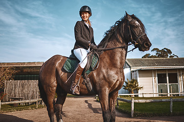 Image showing Equestrian, hobby and portrait of woman on horse for a ride, recreation and lessons on a farm. Sports, exercise and girl doing horseback riding for a competition, learning or training in countryside