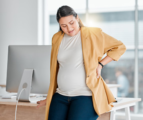 Image showing Pregnant woman, office and tired with back pain, burnout and relax by desk for wellness break. Startup, corporate executive and pregnancy with muscle stress, overworked or anxiety for body healthcare