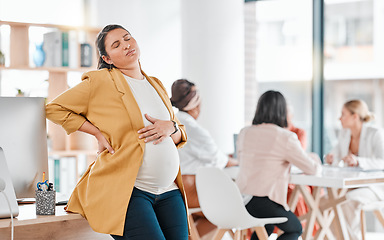 Image showing Business, pregnant and woman with pain, office and manager with contractions, muscle tension and strain. Pregnancy, leadership and female employee touching tummy, stomach and belly in workplace