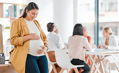 Image showing Pregnant, stomach and business woman in office workplace feeling love, happy and hope for baby. Pregnancy, maternity and employee or mother touch belly with care, affection and excited for childbirth