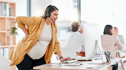 Image showing Pregnant, computer and woman in call center office or workplace for customer service. Pregnancy, telemarketing and happy sales agent, consultant and mother typing on desktop, consulting and working.