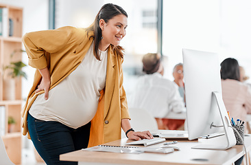 Image showing Pregnant, computer and business woman typing in office workplace working on project. Pregnancy, maternity and happy worker, female or mother on desktop planning, research or writing report in company