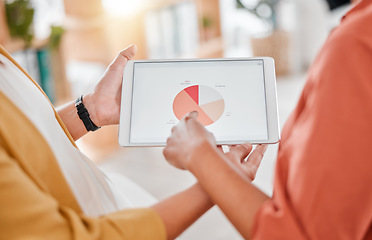 Image showing Hands, teamwork and tablet data with pie chart in office for marketing, advertising or analysis. Collaboration, digital technology and business women with touchscreen graph for sales growth analytics