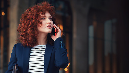 Image showing Phone call, thinking and business woman outdoor with mobile communication with mock up. Digital conversation, networking and work conversation of an entrepreneur with blurred background and mockup
