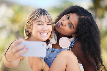 Image showing Selfie, smile and friends relax at a park for bonding, chilling and having fun on bokeh background. Happy, women and smile for profile picture, photo or blog by social media influencer in a forest