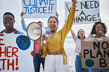 Image showing Climate change, protest and black woman with megaphone for freedom movement. Angry, crowd screaming and young people by the sea with world support for global, social and equality action at the beach