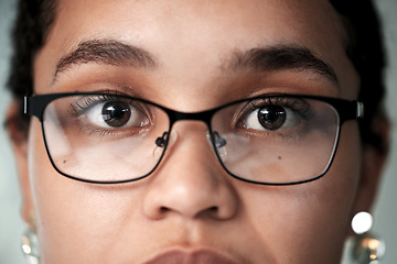 Image showing Black woman portrait, eye vision and glasses of a young person eyes at health consultation. Lens, frame and eyeglasses at a retail store for eyewear check and optometry sale with prescription