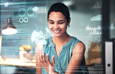 Image showing World, finance and overlay with a business black woman using an ai or ux interface to access the metaverse of data. Digital, future and information with a female employee working on a 3d hologram