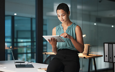 Image showing Business, black woman and tablet in office, focus and digital planning for growth, startup and sales. Corporate, African American female employee and manager with device, idea and website launch