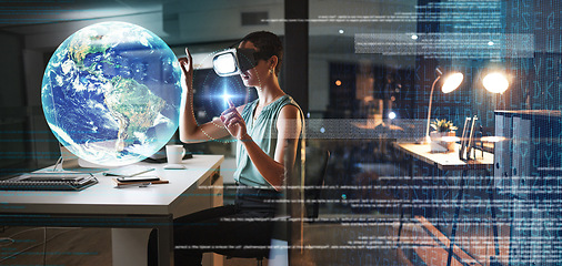 Image showing Woman, office and night with vr headset, hologram earth or web design planning for global cybersecurity. Developer, augmented reality glasses or futuristic cloud computing at desk with software globe