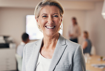 Image showing Business woman, portrait and leadership in office boardroom, marketing company or advertising workshop goals. Smile, happy and mature corporate ceo, manage or mentor in about us and success mindset