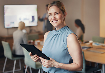 Image showing Business, portrait of woman CEO with tablet and happy team leader in office with vision and success. Leadership, smile and corporate industry, confident businesswoman in management at digital startup