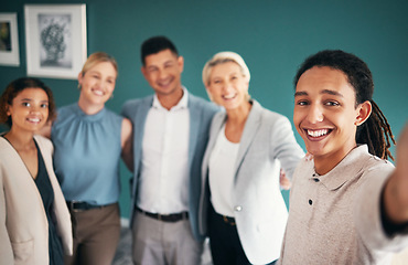 Image showing Business people, portrait smile and selfie for profile picture, vlog or team building at the office. Group of employee workers smiling for photo memory, social media or online influencer in about us