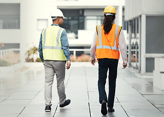 Image showing Engineer men back, city and walk for architecture, construction teamwork and buildings. Architect team, contractor or metro for property development, real estate or urban building project for goals