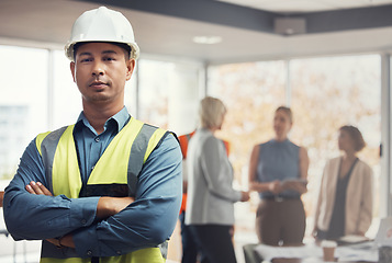 Image showing Portrait, construction worker and building with a man engineer standing arms folded in an architecture office. Industrial, mananger and leadership with a male architect working on a design project