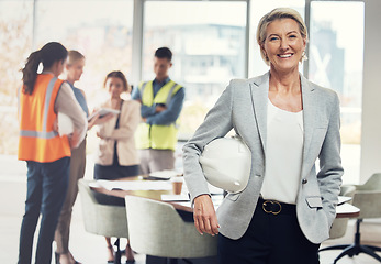 Image showing Portrait, construction worker and manager with an engineer woman at work in her architecture office. Industry, design and building with a female architect leader working on a development project