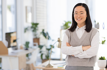 Image showing Motivation, confidence and portrait of a woman with arms crossed for business and corporate. Management, mockup and Asian employee smiling for vision, success and empowerment with space in office