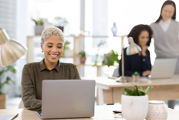 Image showing Laptop, planning and black woman in office startup with company workflow and editing online business proposal. Computer, email management and worker, employees or project manager typing at her desk
