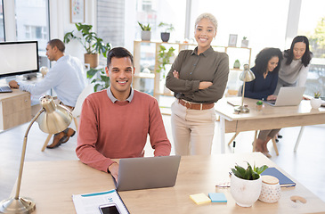 Image showing Business, portrait and man with woman, laptop and team in workplace, planning and deadline for project. Face, female employees and male consultants in modern office, online reading and website launch