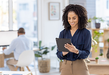 Image showing Tablet, planning and black woman with online research, business social media strategy and startup company management. Happy manager, worker or person typing on digital technology in office workflow