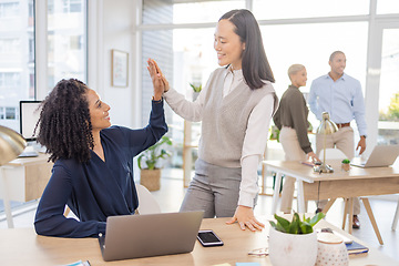 Image showing Business women, high five and corporate team celebrate success, win or target achievement in office. Diversity people or employee and mentor or manager with hands for goal, teamwork and collaboration