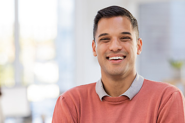 Image showing Mockup, portrait and man with smile, business and leadership with confidence, skills or growth. Face, Latino male consultant or employee with happiness, success or promotion in workplace or corporate