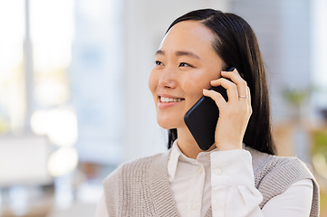 Image showing Phone call, communication and asian woman in office startup networking, planning and online news. Happy Japanese person, worker or creative employee talking on smartphone for business opportunity