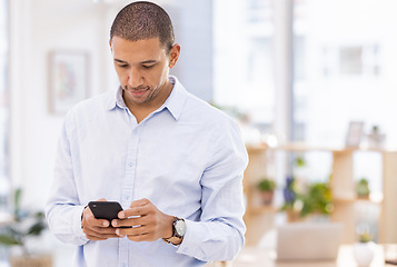 Image showing Phone, office and businessman browsing on the internet, social media or mobile app for research. Technology, professional and male corporate employee reading information on cellphone in the workplace