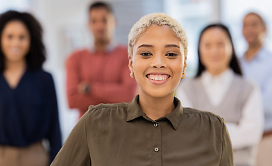 Image showing Portrait, business and black woman with team, leadership and smile for success, new project and growth. Face, African American female manager and ceo with staff, happiness and support for planning