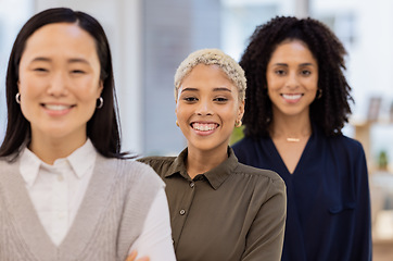 Image showing Leadership, portrait and business women in office for collaboration, teamwork and startup vision. Face, diversity and team of ladies empowered, motivation or excited on future, small business or goal