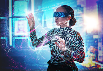 Image showing Metaverse, woman and virtual reality glasses with dashboard overlay for digital transformation. Person with vr headset for ar neon hologram for cyber and 3d world for big data and futuristic coding