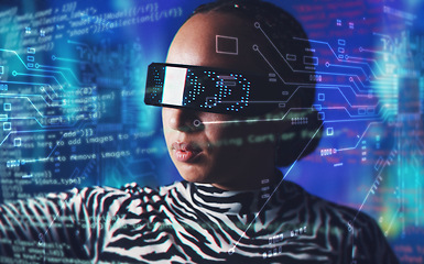 Image showing Metaverse, woman and augmented reality glasses with overlay for digital transformation dashboard. Person face with vr tech for hologram in cyber and 3d world for big data, ux and futuristic coding