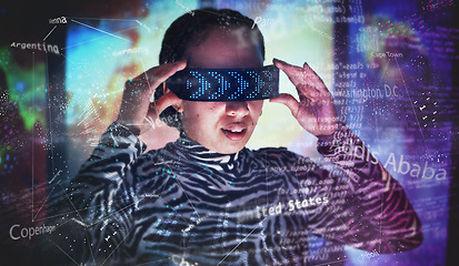 Image showing Metaverse, overlay and woman with virtual reality glasses for global map and digital transformation. Person with vr headset for ar futuristic hologram software with cyber and 3d world for big data