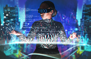 Image showing Metaverse, black woman and virtual reality glasses with overlay for digital transformation. Person with vr headset ar hologram for cyber and 3d world for big data and trading future and infographics